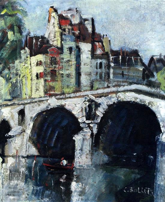 Continental School Town scene with boatmen beneath a bridge, 18 x 15in.